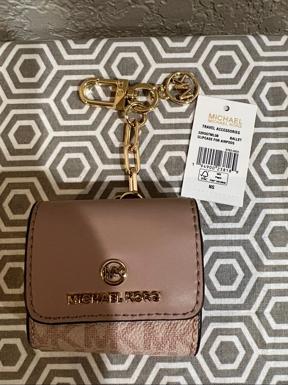 MICHAEL KORS Ballet Pink Keychain AirPods Case with Gold Hardware